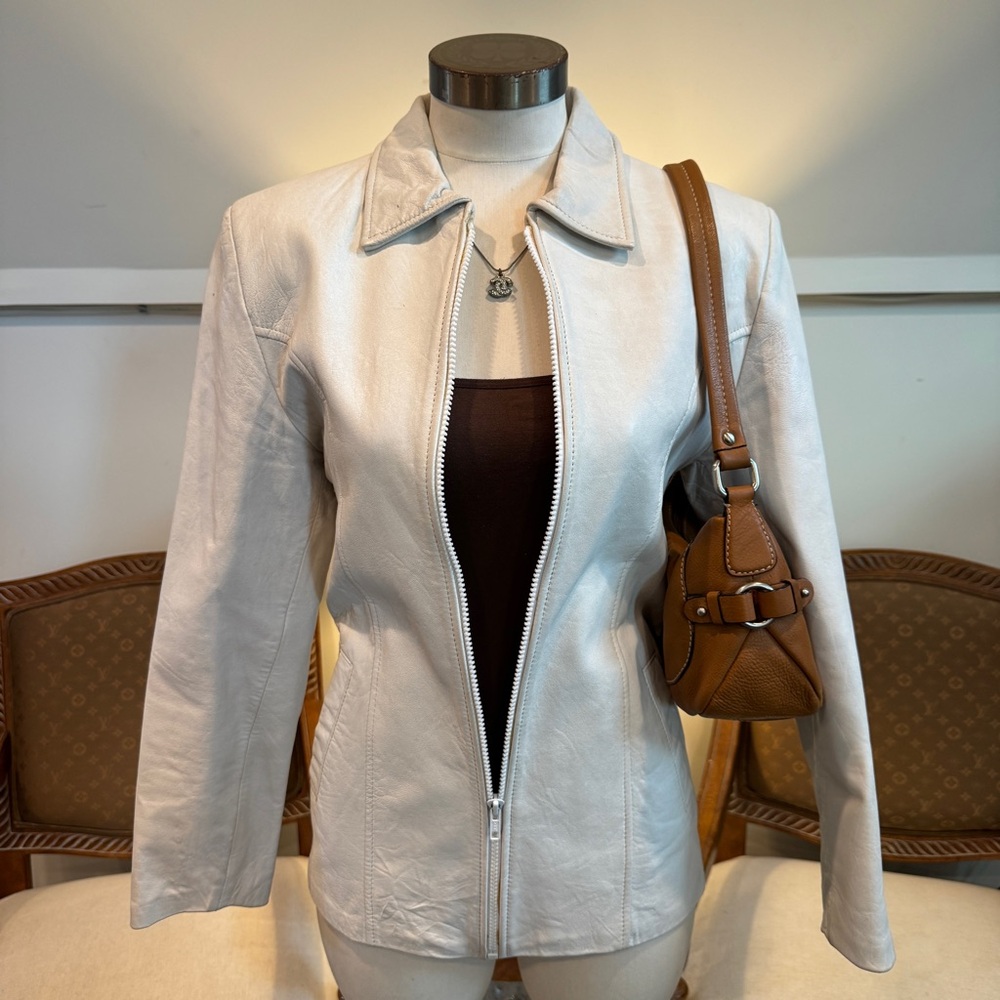 Vintage 90s White Genuine Leather Jacket, Minimalist Chic
